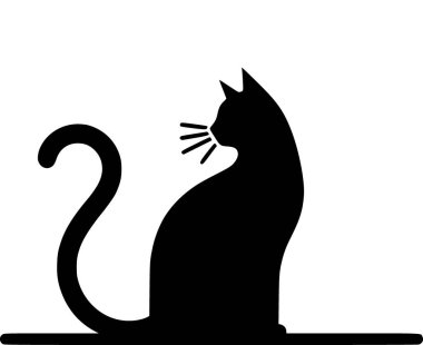 Minimalist siyah-beyaz vektör çizgileri ve basit siluet tasarımı olan bir kedinin çizimi.