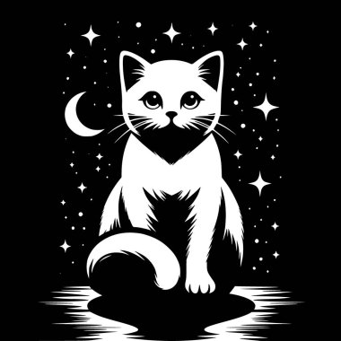 Minimalist siyah-beyaz vektör çizgileri ve basit siluet tasarımı olan bir kedinin çizimi.