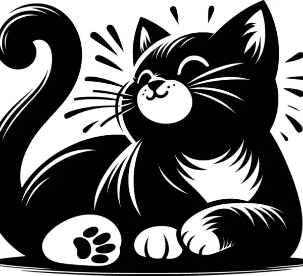 Minimalist siyah-beyaz vektör çizgileri ve basit siluet tasarımı olan bir kedinin çizimi.
