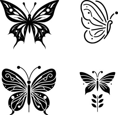 Düz dizaynlı siyah-beyaz minimalist kelebek vektör çizimleri.