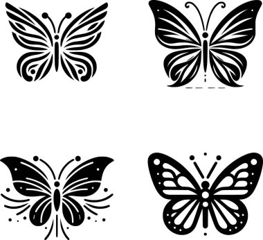 Düz dizaynlı siyah-beyaz minimalist kelebek vektör çizimleri.