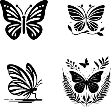 Düz dizaynlı siyah-beyaz minimalist kelebek vektör çizimleri.