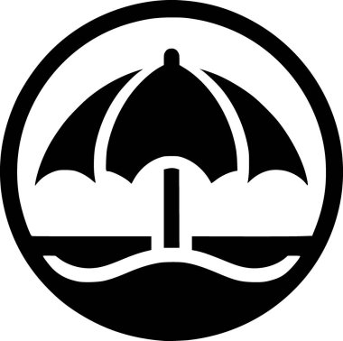 Minimalist siyah beyaz plaj şemsiyesi ikonu temiz ve şık bir yaz havası getiriyor..