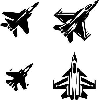 Hava muharebesini ve gücü sembolize eden, siyah beyaz çizgi şeklinde minimalist savaş jeti simgesi..