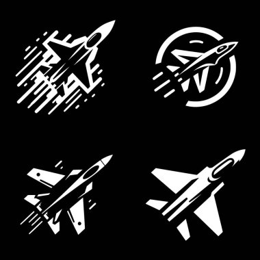 Hava muharebesini ve gücü sembolize eden, siyah beyaz çizgi şeklinde minimalist savaş jeti simgesi..