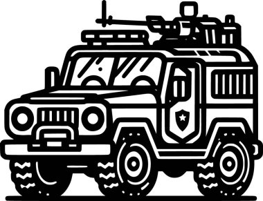 Savaş ana hatları simgesi: askeri 4x4 araç koyu siyah ve beyaz tasarım