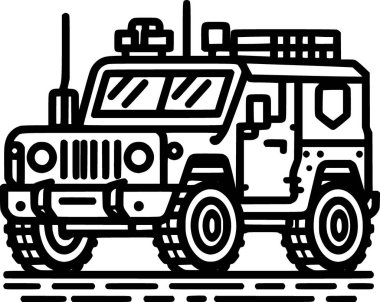 Savaş ana hatları simgesi: askeri 4x4 araç koyu siyah ve beyaz tasarım