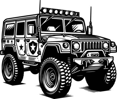 Savaş ana hatları simgesi: askeri 4x4 araç koyu siyah ve beyaz tasarım