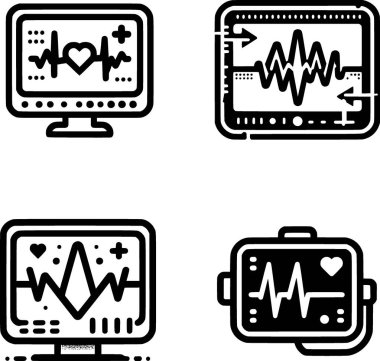Bir dizi minimalist siyah beyaz kalp atış monitörü sanat tarzında simge