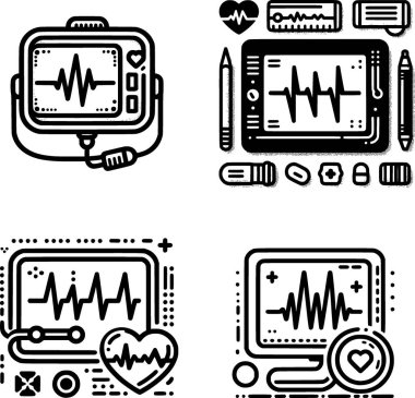 Bir dizi minimalist siyah beyaz kalp atış monitörü sanat tarzında simge