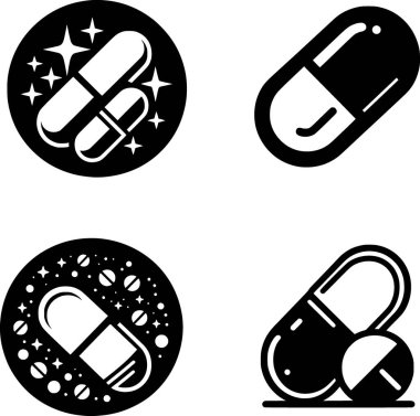 Sanat tarzında minimalist siyah beyaz hap ve kapsül simgesi.