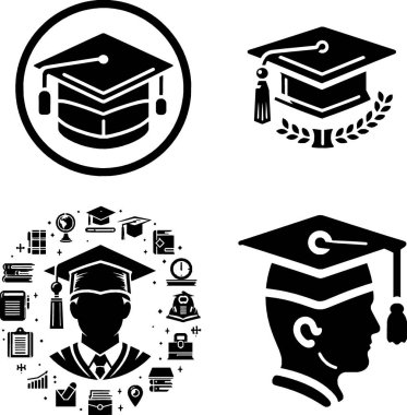 set of minimalist black and white graduation cap icon in clean line art style.