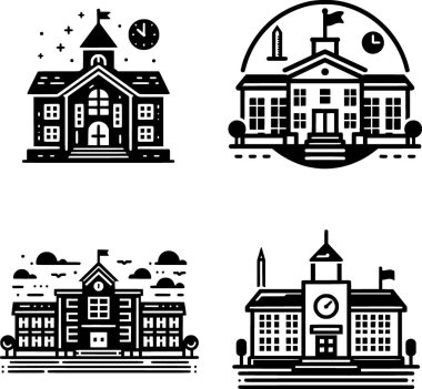 Bir dizi minimalist siyah-beyaz okul binası simgesi temiz çizgi sanat tarzında.