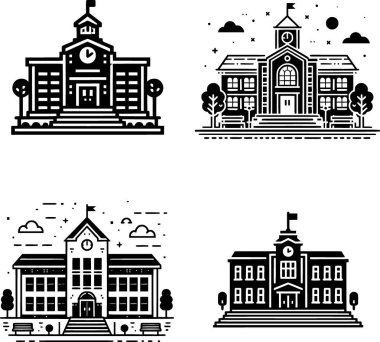 Bir dizi minimalist siyah-beyaz okul binası simgesi temiz çizgi sanat tarzında.