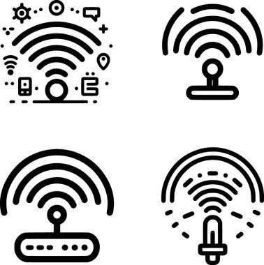 Basit çizgi sanat tarzında minimalist siyah beyaz kablosuz bağlantı simgesi.