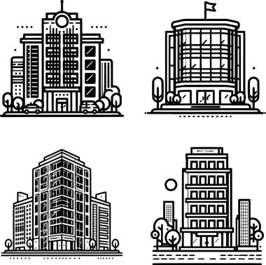 Bir dizi minimalist siyah beyaz ofis binası simgesi temiz çizgi sanat tarzında.