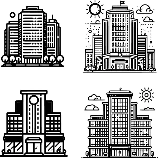 Bir dizi minimalist siyah beyaz ofis binası simgesi temiz çizgi sanat tarzında.