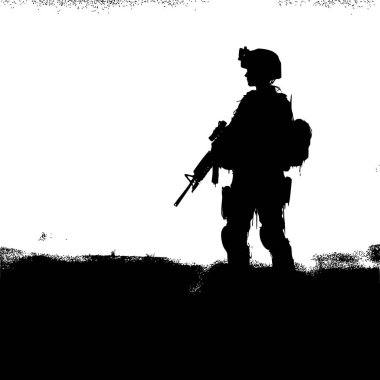 Yalnız bir askerin savaş meydanındaki siluetinin savaş çizgisi sanatı