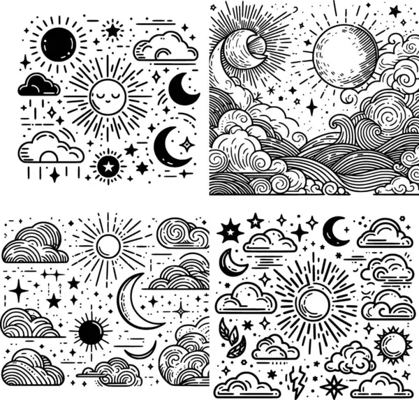 Bir dizi minimalist çizgi. Güneş, ay, bulutlar ve siyah beyaz yıldızlar.