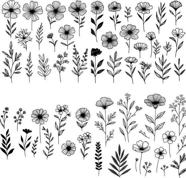 Minimalist siyah beyaz çizgi sanatı çeşitli çiçeklerin ana hatları tarzında