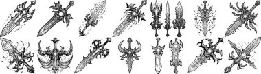 Parlak çekirdekli ve sivri uçlu fantezi kılıç koleksiyonu. Oyun değeri veya fantezi tasarımı için uygun