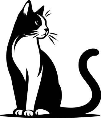 Minimalist siyah beyaz kedi silueti, temiz çizgiler ve basit poz