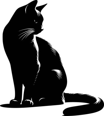 Minimalist siyah beyaz kedi silueti, temiz çizgiler ve basit poz