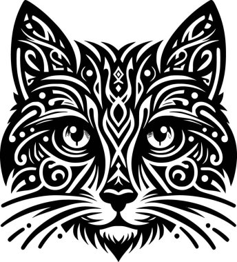 Kabile kedisi yüz vektörü siyah ve beyaz, simetrik çizgiler ve kalın karmaşık şekiller.