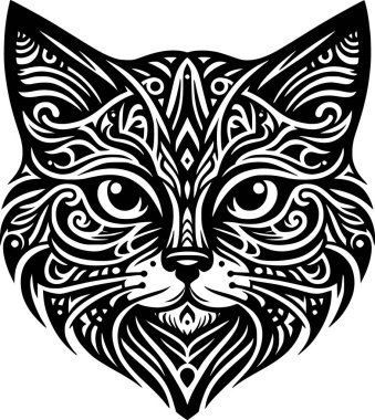 Kabile kedisi yüz vektörü siyah ve beyaz, simetrik çizgiler ve kalın karmaşık şekiller.