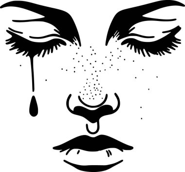 Gözyaşları ve kapalı gözleri olan bir yüzün minimalist yakın çekim vektörü, duygusal ve temiz stili.