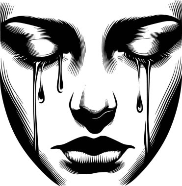Gözyaşları ve kapalı gözleri olan bir yüzün minimalist yakın çekim vektörü, duygusal ve temiz stili.