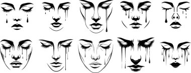 Gözyaşları ve kapalı gözleri olan, duygusal ve temiz stili olan bir yüzün 10 minimalist yakın çekim vektörü..