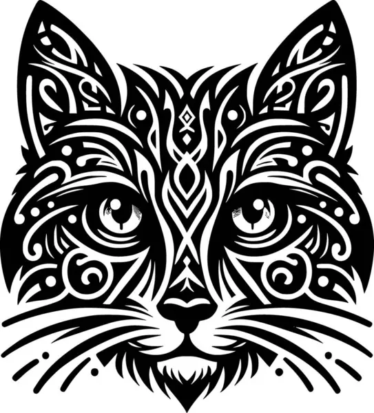 Kabile kedisi yüz vektörü siyah ve beyaz, simetrik çizgiler ve kalın karmaşık şekiller.