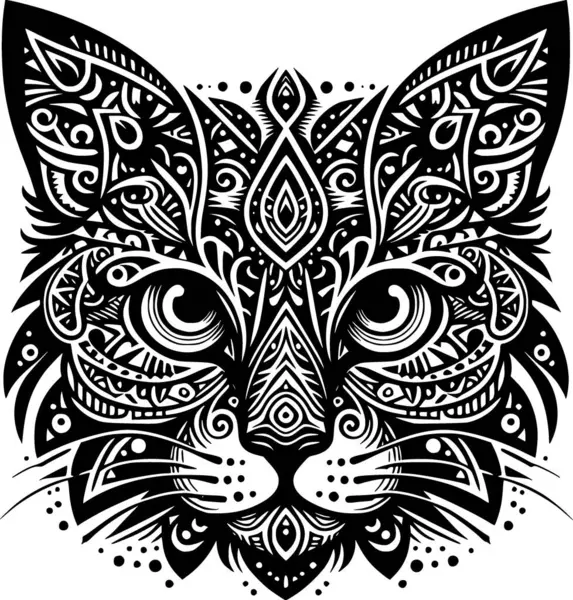Kabile kedisi yüz vektörü siyah ve beyaz, simetrik çizgiler ve kalın karmaşık şekiller.
