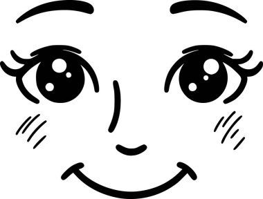 Hafif gülümseyen kadının yüz vektörü siyah-beyaz minimalist tarzda, yumuşak ve rahatlatıcı bir ruh hali..