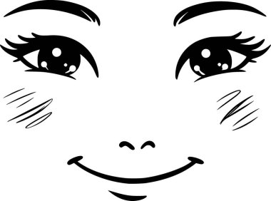 Hafif gülümseyen kadının yüz vektörü siyah-beyaz minimalist tarzda, yumuşak ve rahatlatıcı bir ruh hali..