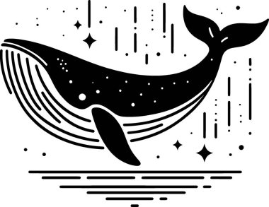 Bir balinanın minimalist siyah beyaz vektörü temiz okyanus esinlenilmiş çizgilerde