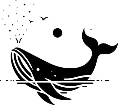 Bir balinanın minimalist siyah beyaz vektörü temiz okyanus esinlenilmiş çizgilerde