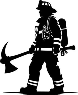Tam teçhizatlı baltayla yürüyen itfaiyeci silueti.
