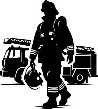 Tam teçhizatlı baltayla yürüyen itfaiyeci silueti.