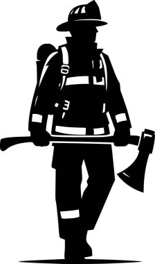 Tam teçhizatlı baltayla yürüyen itfaiyeci silueti.