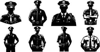 8 siluet polis memuru rozeti ve görünür şapkası var.