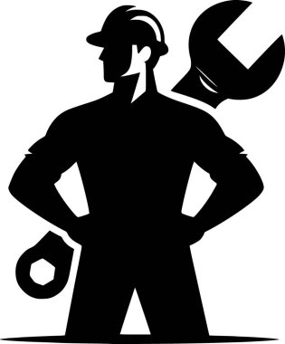 Bir inşaat işçisinin silueti, elinde İngiliz anahtarıyla duran, kalın bir şapka takan bir inşaat işçisinin koyu siyah silueti. Rakamlar güçlü ve sağlam, etkin hareketi gösteriyor. Beyaz arkaplanda temiz vektör biçimi,