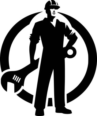 Bir inşaat işçisinin silueti, elinde İngiliz anahtarıyla duran, kalın bir şapka takan bir inşaat işçisinin koyu siyah silueti. Rakamlar güçlü ve sağlam, etkin hareketi gösteriyor. Beyaz arkaplanda temiz vektör biçimi,