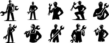 Bir inşaat işçisinin silueti, elinde İngiliz anahtarıyla duran, kalın bir şapka takan bir inşaat işçisinin koyu siyah silueti. Rakamlar güçlü ve sağlam, etkin hareketi gösteriyor. Beyaz arkaplanda temiz vektör biçimi,