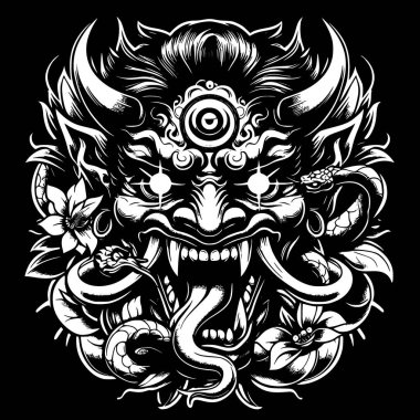 Siyah-beyaz Oni maskeli, sarmalanmış yılanlı ve kalın çiçekli dövme tasarımlı..