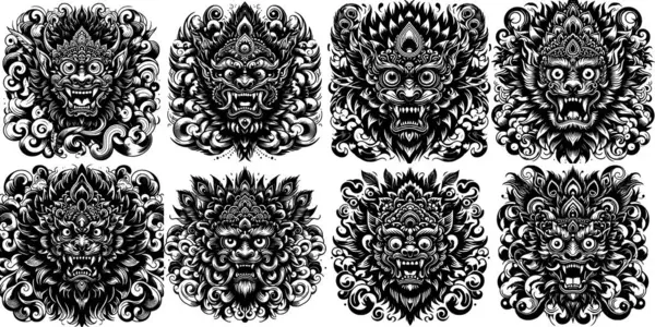 Sekiz adet koyu siyah beyaz Reog maskeli, vahşi yüzlü ve süslü tüylü taç.