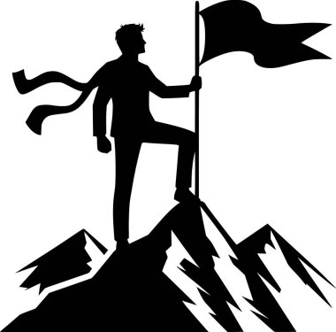 Bir insanın dağda bayrağa ulaşması, başarıyı simgeliyor..