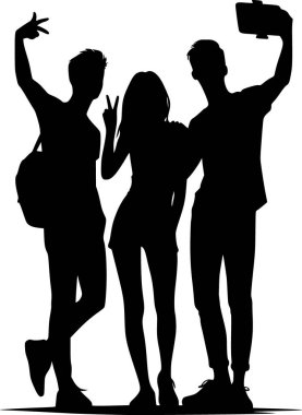 Arkadaşların silueti grup selfie çekiyor, neşeli ve modern bir an.