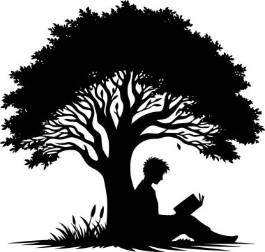 Ağacın altında kitap okuyan bir insanın silueti. Huzurlu ve rahatlatıcı bir an. Ağacın altında kitap okuyan bir insanın silueti.